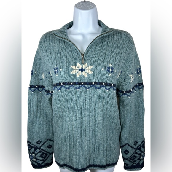 Vintage Lands End Women’s Blue Fair Isle Wool Sweater Ribbed Nordic 1/4 Zip Mock - Picture 1 of 6